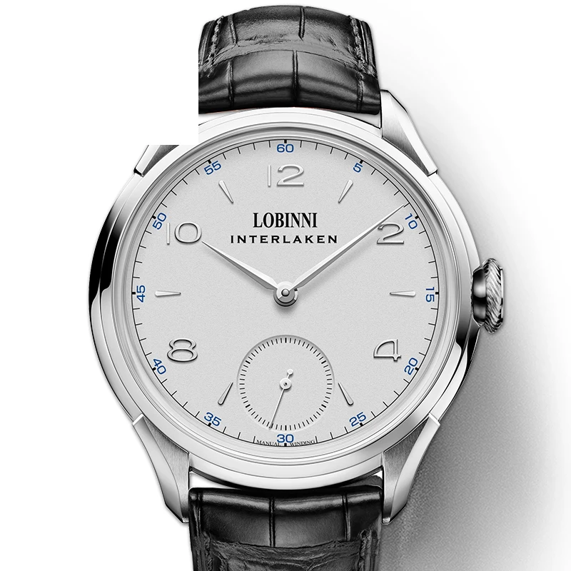 

Lobinni Manual Wnding Movement Wrist Watch For Men Minimalist Elegant Silver Leather Watches