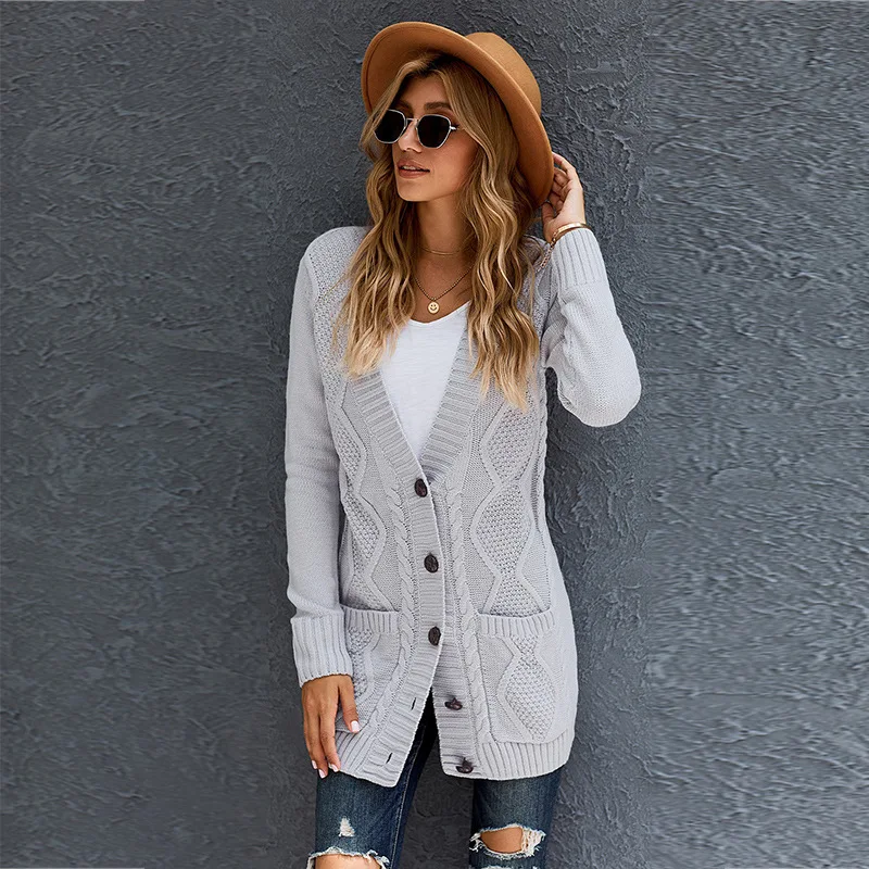 

Women winter Cable Knit Open Front Cardigan Sweaters Button Down Long Sleeve Outwear with Pockets, 3 colors