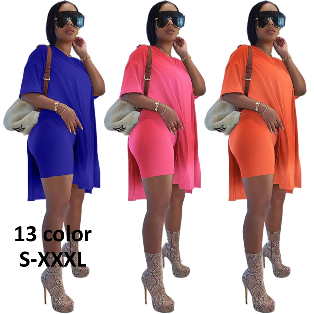 

J9038-3 Wholesale costom logo S-XXXL 13 color v neck short pants two piece plus size 2 piece sets summer