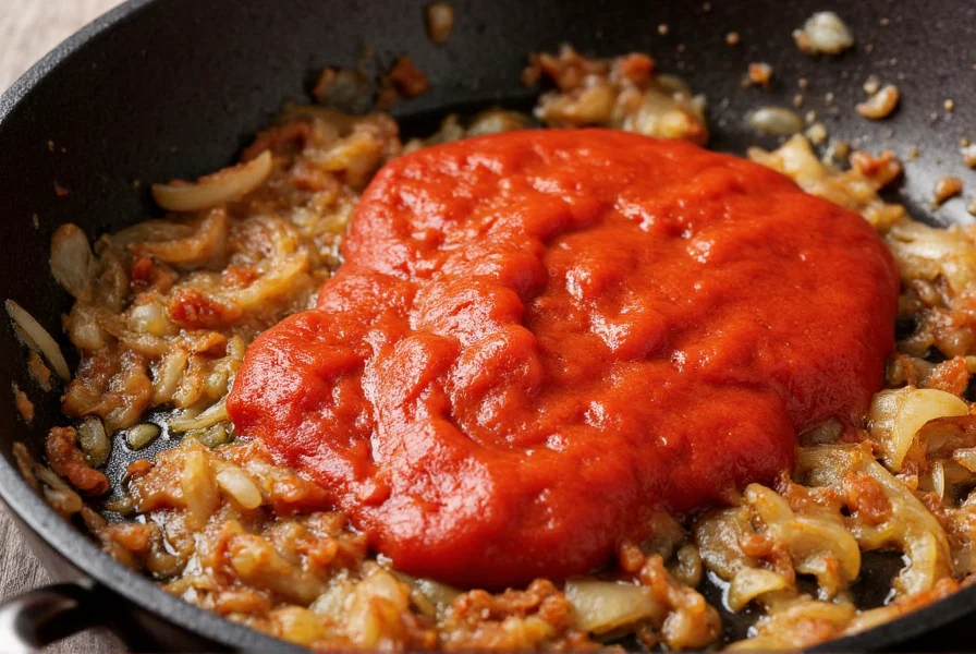 Close-up of tomato paste being caramelized in cast iron skillet with onions and garlic for chili recipe