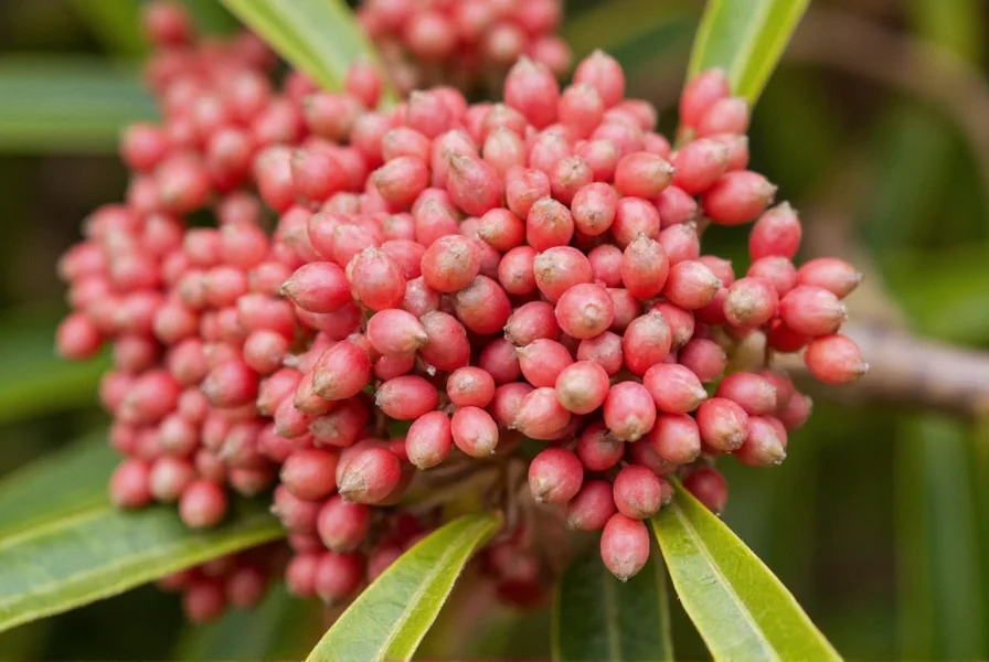 Close-up view of Peruvian peppertree berries on branch showing their distinctive pinkish-red color and cluster formation