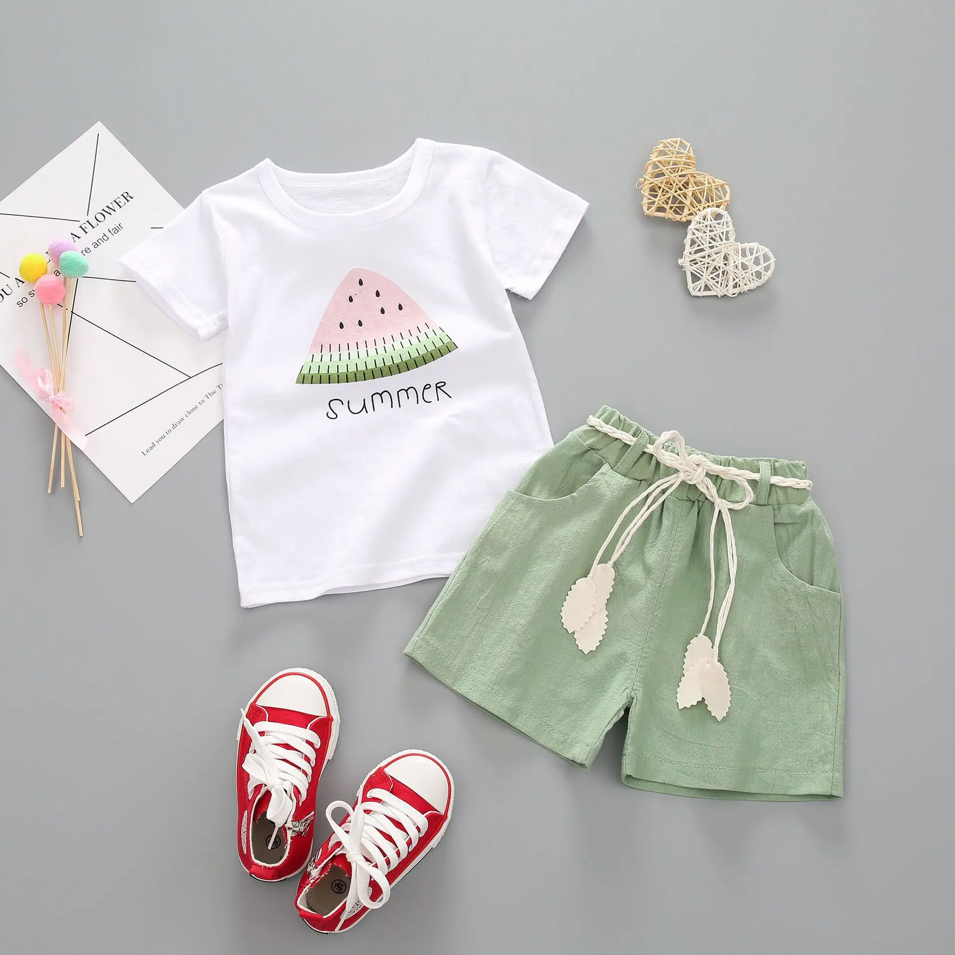 

Children Girl's Summer Boutique Clothing Sets Cute Cartoon Watermelon Print Kids Girls Clothes, As picture