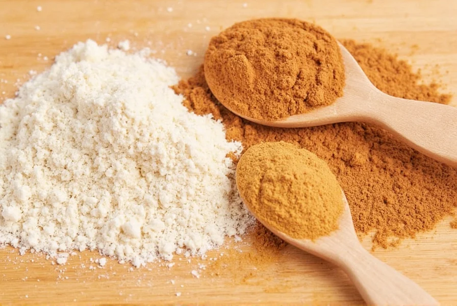 Close-up comparison of cinnamon roll protein powder scoops next to actual cinnamon roll showing texture differences
