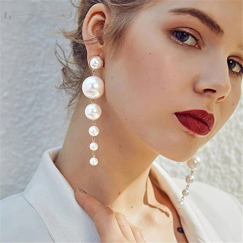 

Trendy Elegant Created Big Simulated Pearl Long Earrings Pearls String Statement Drop Earrings For Wedding Party, Red, black, blue, pink