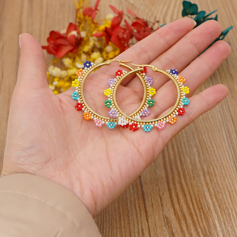 

Statement Bohemian Colorful Jewelry 2022 Miyuki Seed Beads Flower Boho Hoop Earrings, Picture