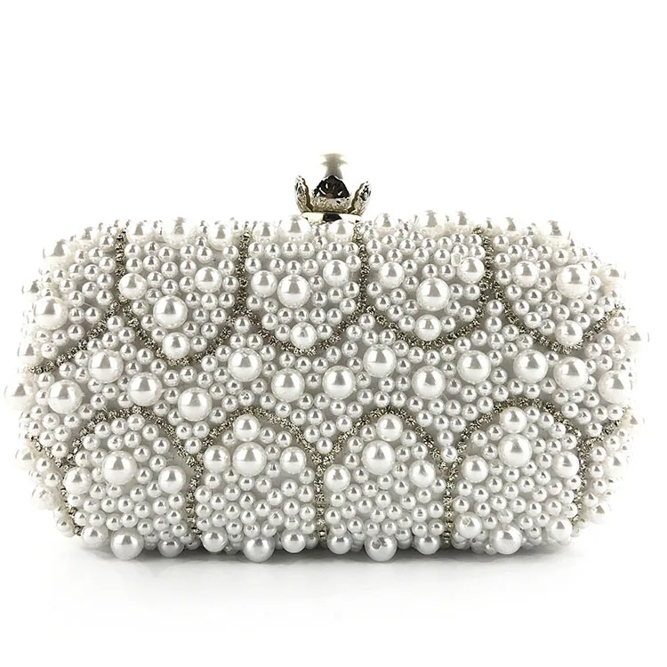 

Luxury Rhinestone Bridal Evening Pearl Chain Wedding handmade bead bags, White