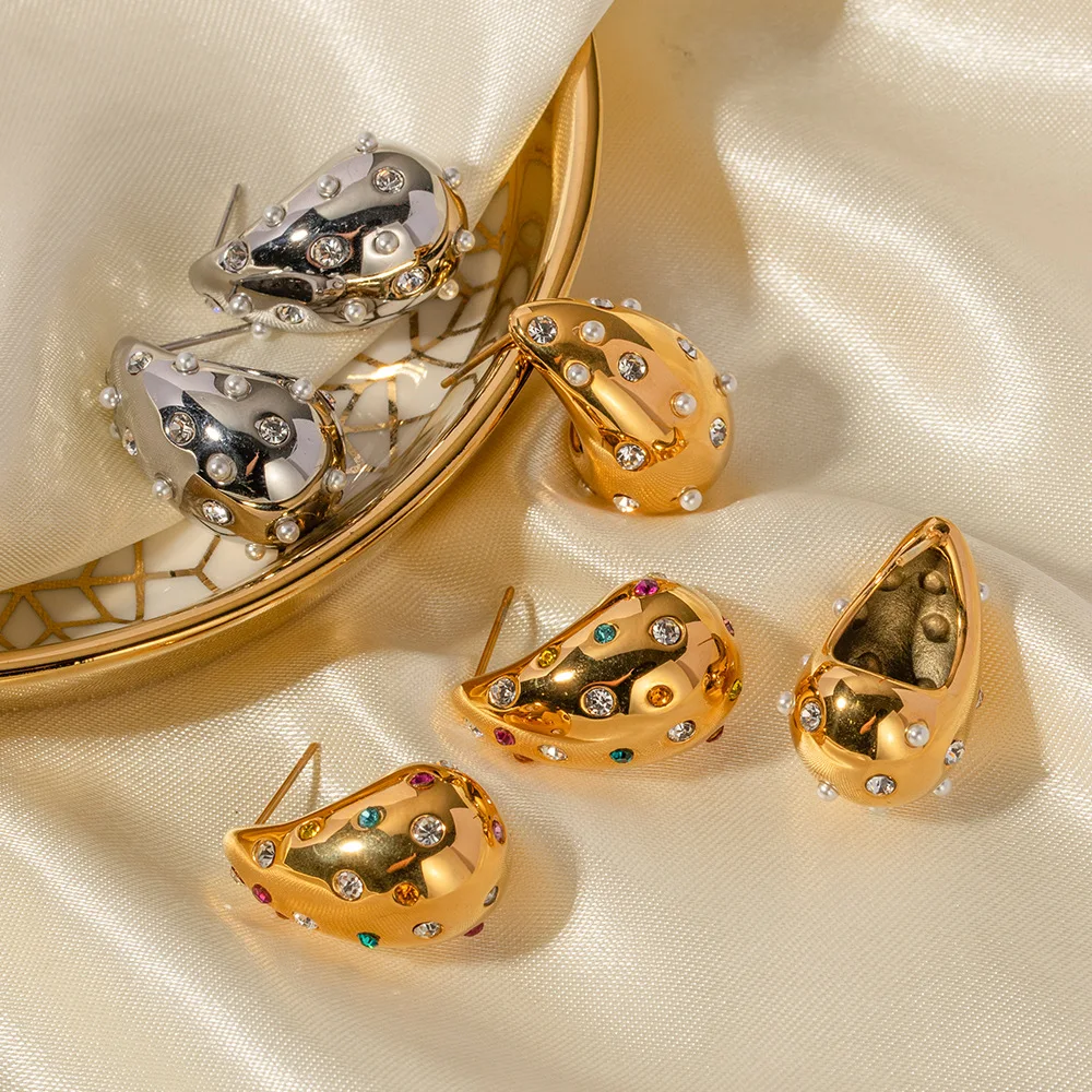 

Trendy Jewelry Waterdrop Zircon Stud Earrings 18k Gold Plated Stainless Steel Hypoallergenic Chunky Earrings for women