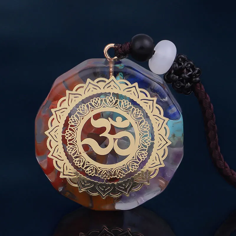 

Hot Sale Natural Stone Om Symbol Pendant Necklace Women Men Jewelry Quartz Crystal Pendulum 7 Chakra Pendule Orgonite Necklace, Multicolor