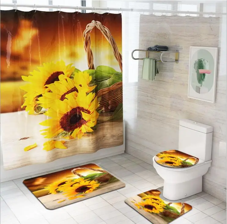 

Sunflower Pattern Bathroom Shower Curtain Set Mats Rugs Set Non-Slip Quickly Dry Waterproof Toilet Lid Cover Floor Mat, Customized color