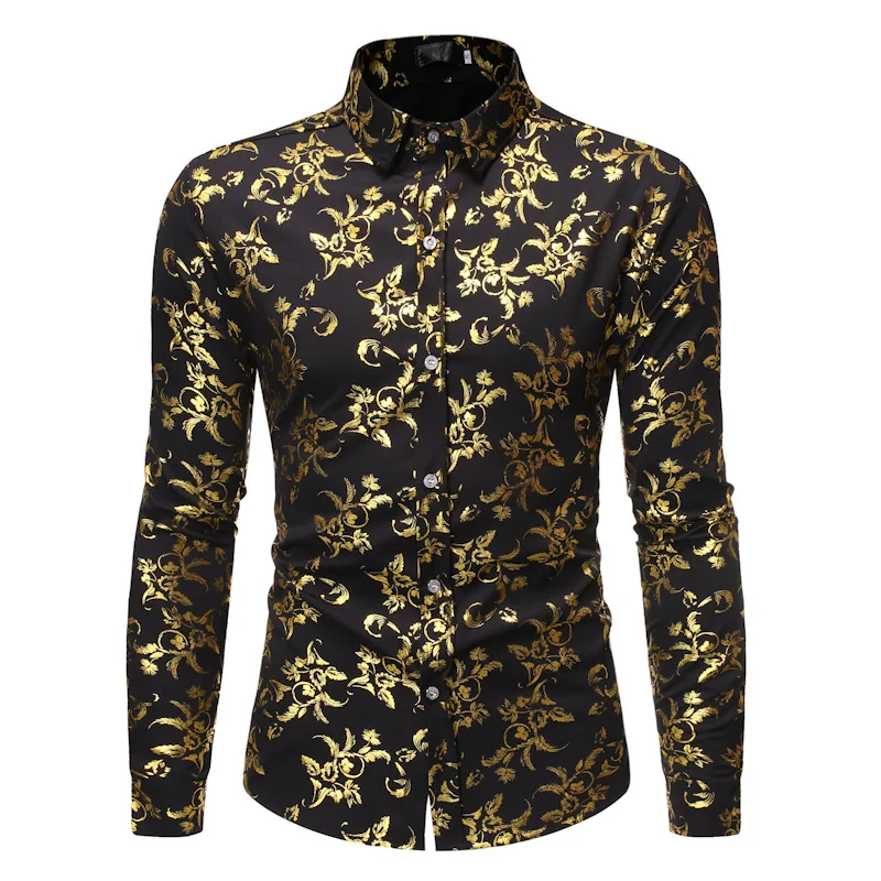 

White Men Shirt 2021 Luxury Gold Floral Print Mens Dress Shirts Slim Fit Long Sleeve Chemise Homme Streetwear Hawaiian Shirt Man