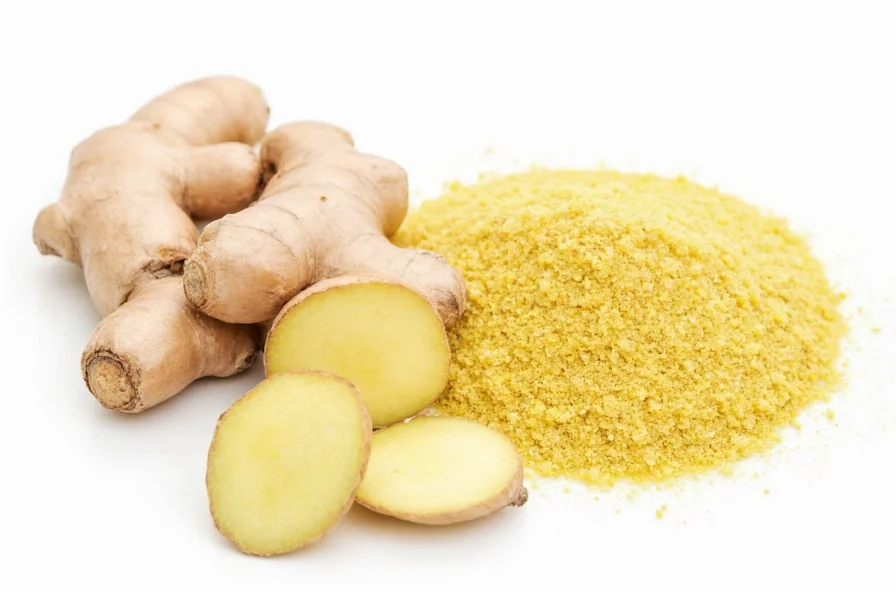 Chef's hand measuring ground ginger into a recipe while fresh ginger sits nearby