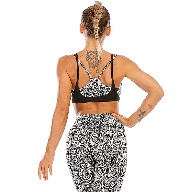 

2020 Best Selling Snakeskin Print Fitness Yoga Wear Set Sexy Women 2 Pieces Sports Bra Pants Yoga Set, 5 colors