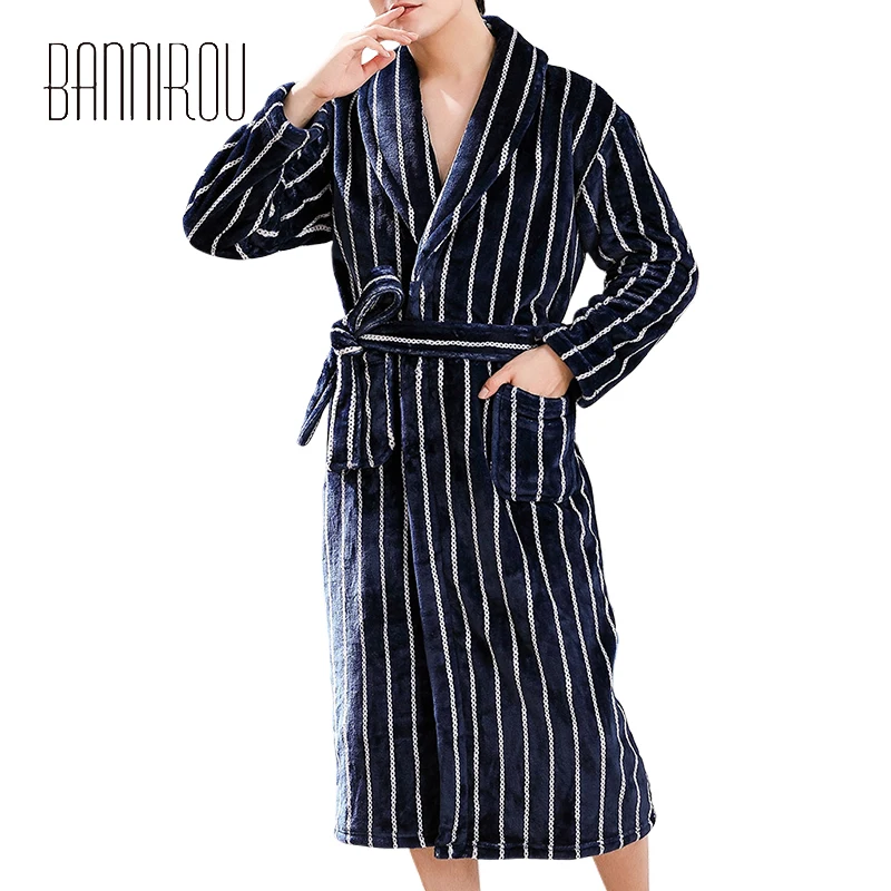 

Printing Robes For Male stripe Velvet Long Sleeve Robe Men Bath Robe Pajama Thick Warm, Dark blue,striped,white