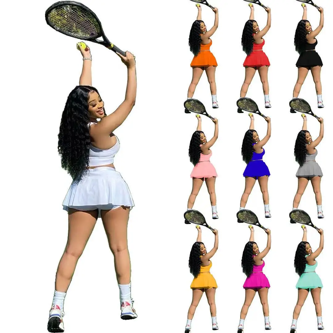 

2021 Summer Women 6colors Solid Color Vest With Skirt Shorts Two Piece Tennis Stylish 2 Piece Short Set, As pictures