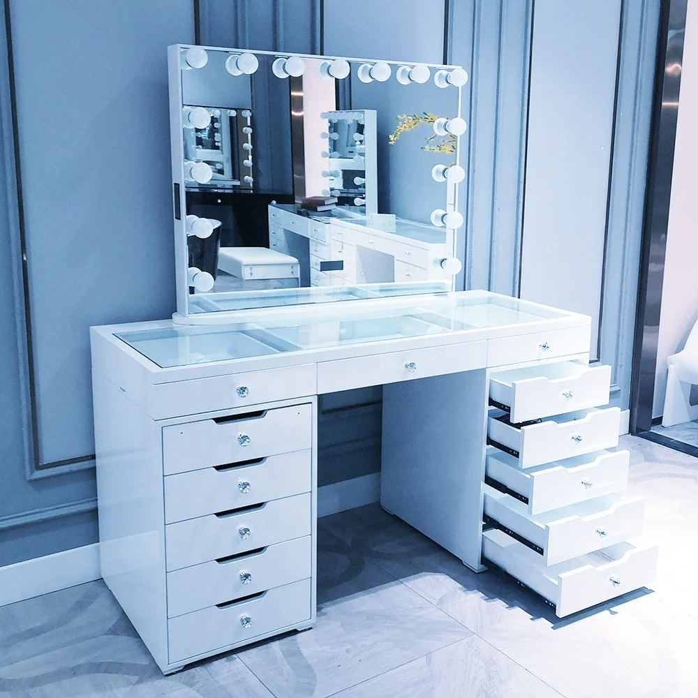 

Stock in US! Docarelife Popular Beauty Hollywood Style Vanity Dressers Lighted Makeup Mirror Set with 13 Drawers Dressing Table, White