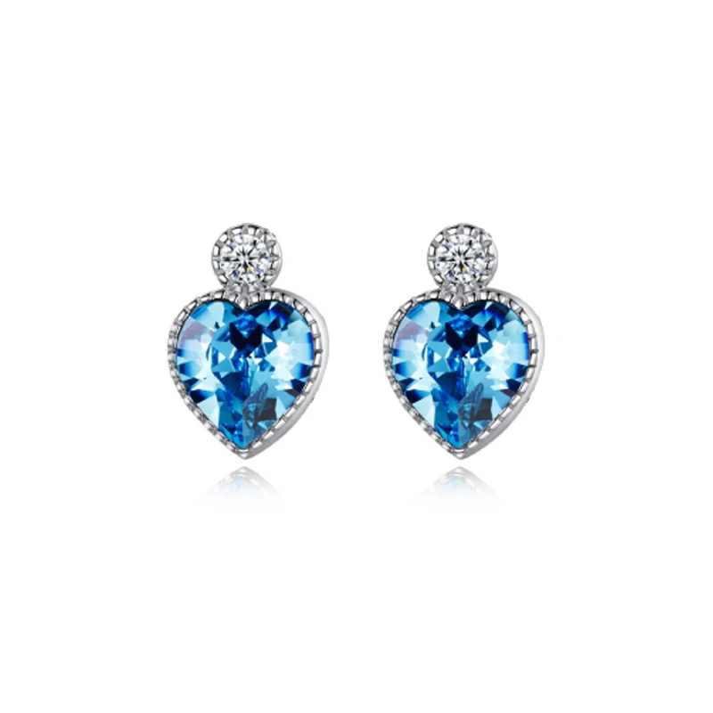 

RINNTIN SWE18 korean crystal earrings jewelry 925 sterling silver heart shape blue gemstone stone studs earrings for women 2021