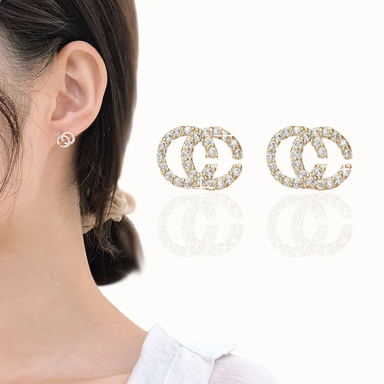 

New latest fashion Earrings jewelry 14K rose gold stud earrings CC small zircon Korean earrings 925 sterling silver jewelry