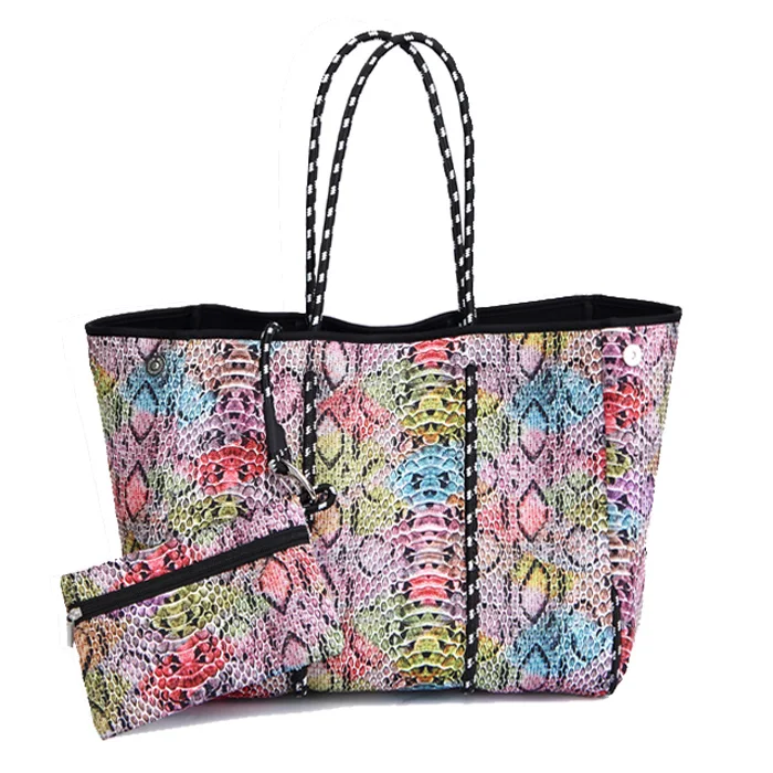 

Factory wholesale fashion ladies waterproof handbag snake printing neoprene beach tote bag, Many colors