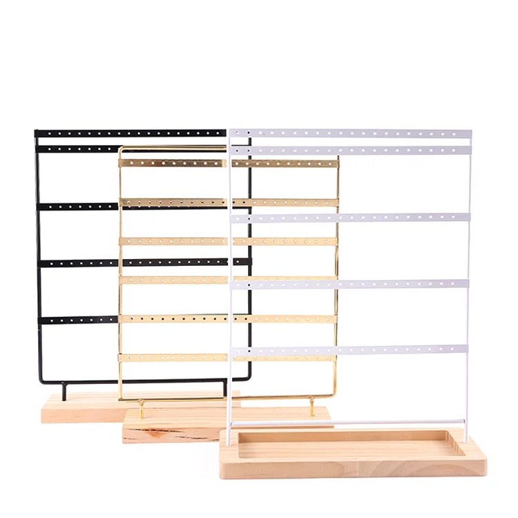 

Metal With Wood Base 5 Tier 100 Holes Jewelry Display Showcase Stud Earrings Display Jewelry Stands, Black, white, gold