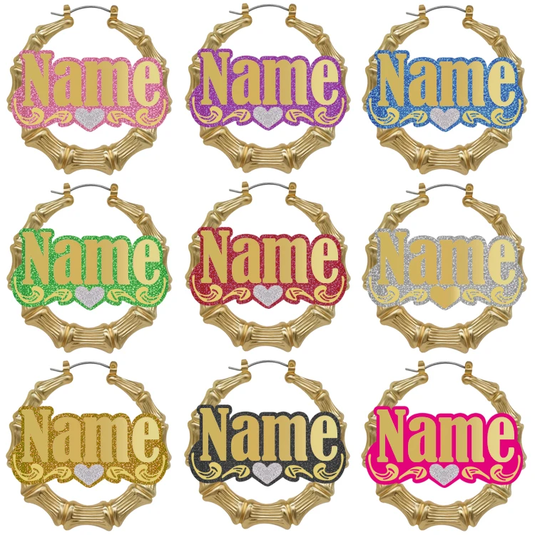 

Custom name personalized handmade heart shape bamboo hoop earring logo, Colorful