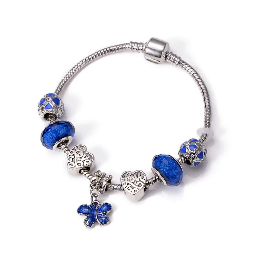 

Hot Selling Blue Crystal Beads Bracelet For Women Butterfly Pendant Bracelets & Bangles Wholesale Fashionable Lady Jewelry, As picture