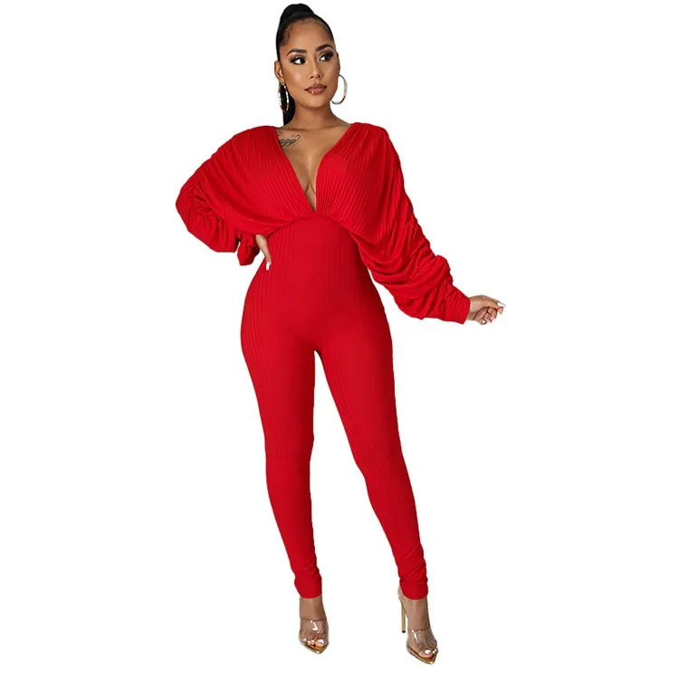 

Plus Size women new style bodycon deep v neck solid color bat sleeved bandage backless pleated jumpsuit