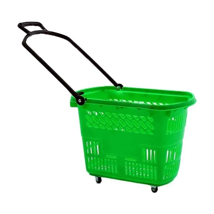 

Factory Custom Size Color Green Plastic 40 45 50 L supermarket shopping basket wheels quality shopping basket