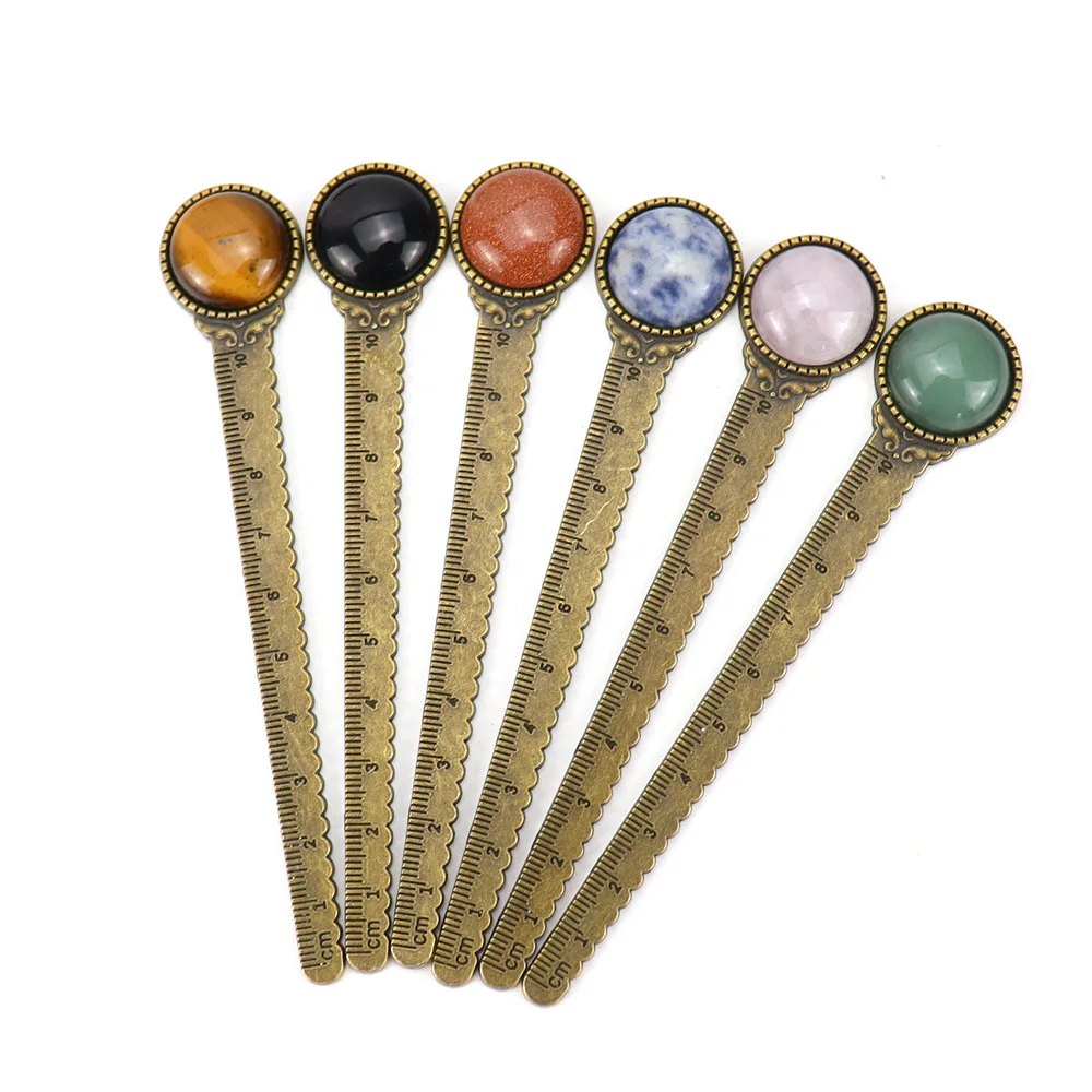 

Wholesale natural stone crystal Ancient bronze ruler bookmark Hand Made Gemstone crystal Personality bookmarks