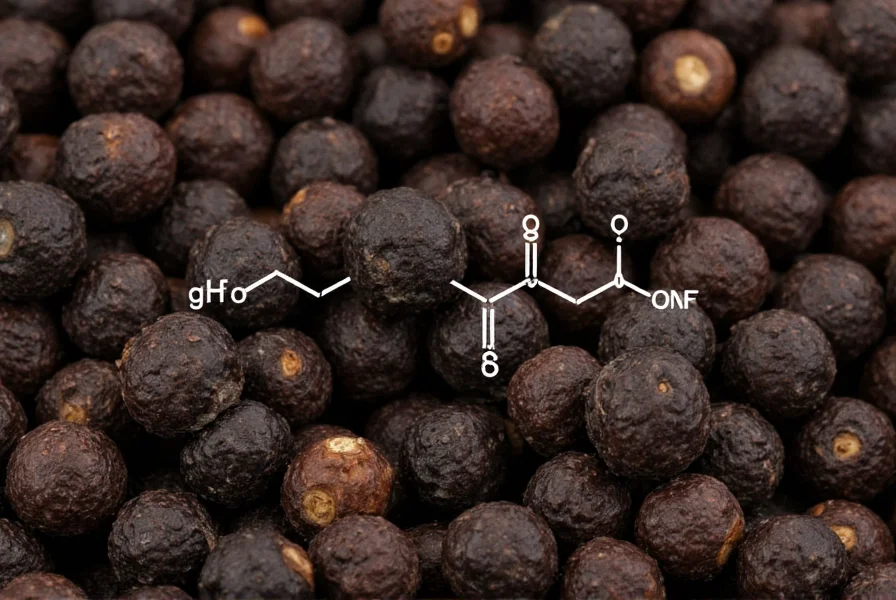 Close-up of black peppercorns with scientific diagram showing piperine molecular structure