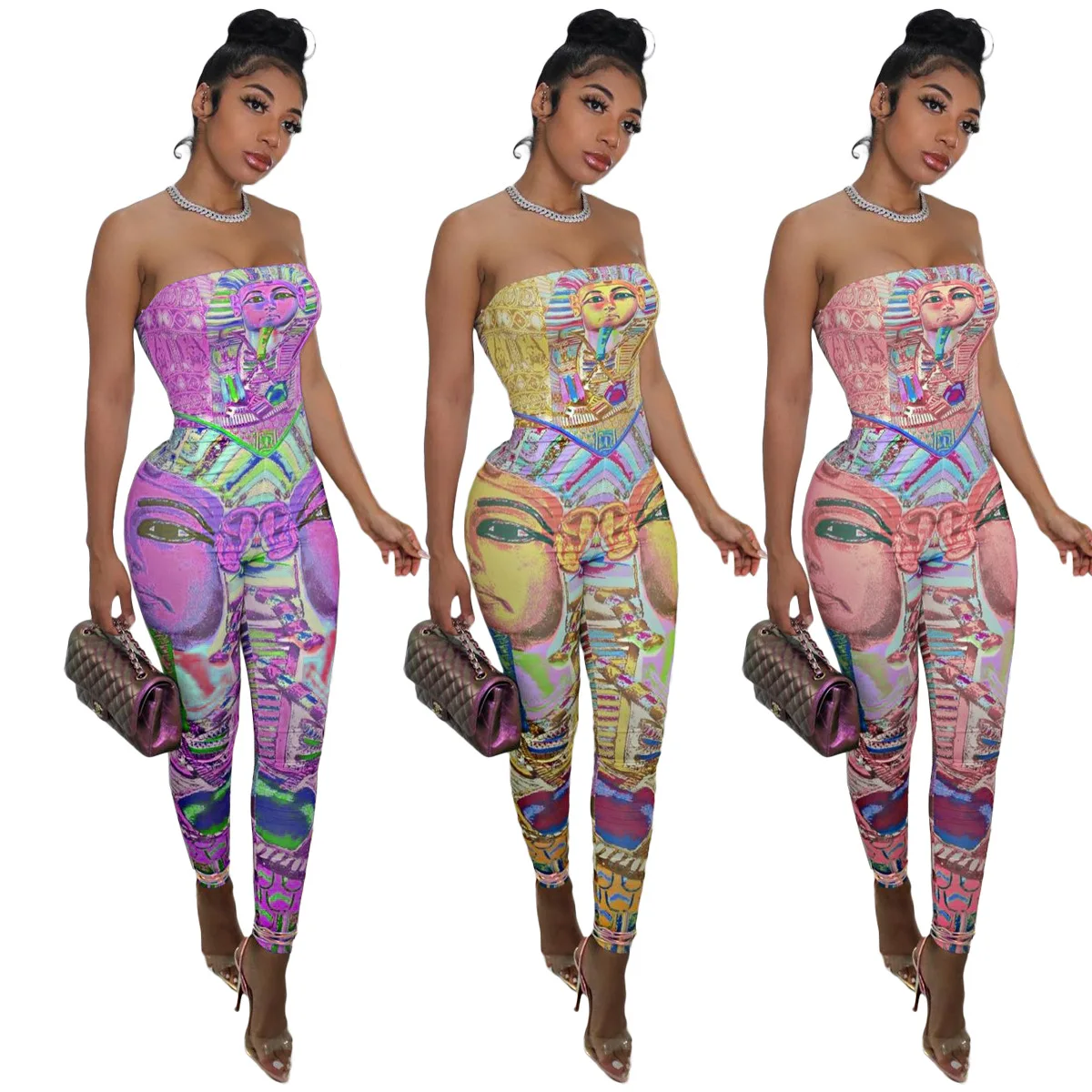 

Wholesale cartoon printing patchwork sleeveless backless summer casual sexy badycon off the shoulder clothes woman jumpsuit, 3 colors, also can make as your request
