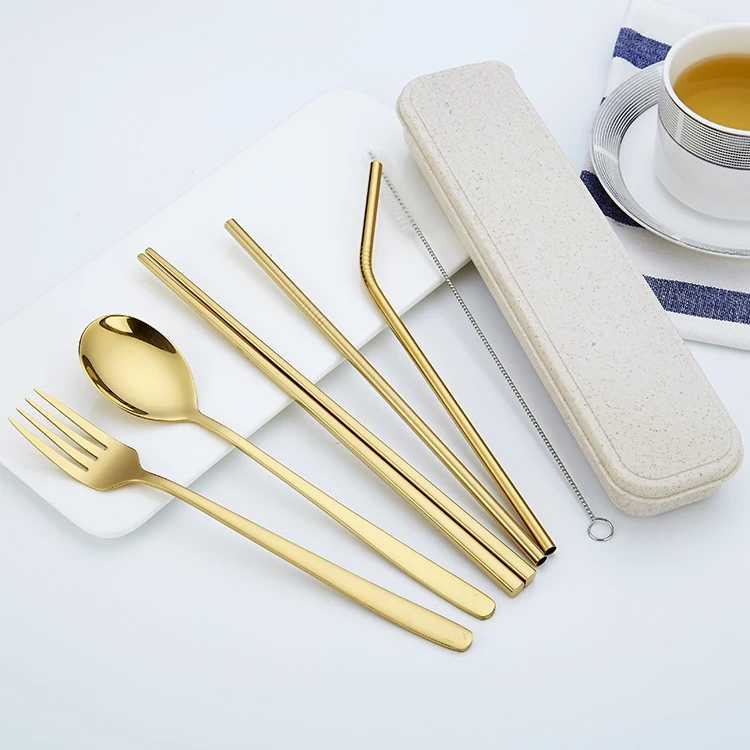 

304 stainless steel fork spoon chopsticks and drinking straw set with wheat box