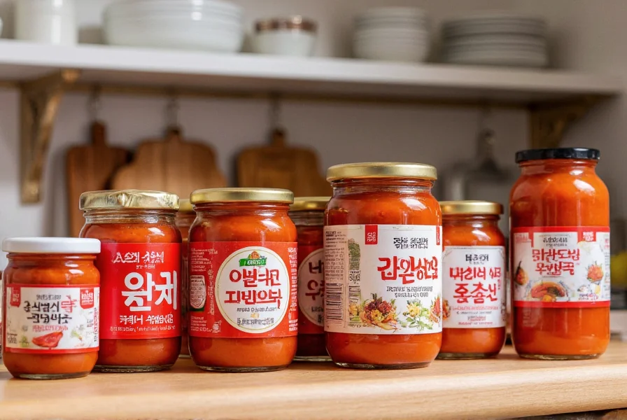 Various brands of gochujang paste in glass jars with Korean labeling on a kitchen counter