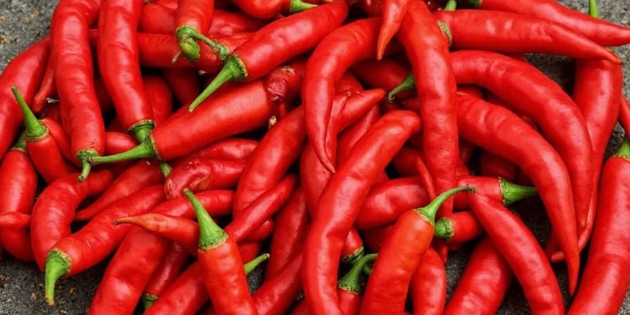 Different types of chili peppers on a wooden table