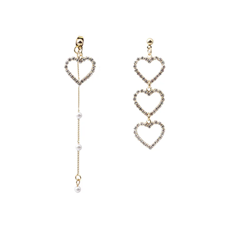 

JUHU S925 Silver Needle Simple Asymmetric Love Earrings Carving Heart Super Fairy Pearl Long Earrings Female Holeless Earrings