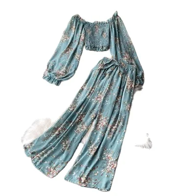 

2022 Fashion Suit Square Neck Floral Chiffon Shirt Short Navel Top + High Waist Wide Leg Pants Two Piece Set 2 piece set 50%