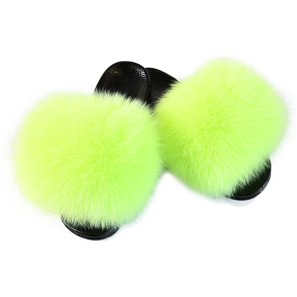 

Quick Shipping Wholesale Real Fur Soft Raccoon Fur Slippers Outdoor Slider Sandals Customize Logo Women Fashion Fox Fur Slides