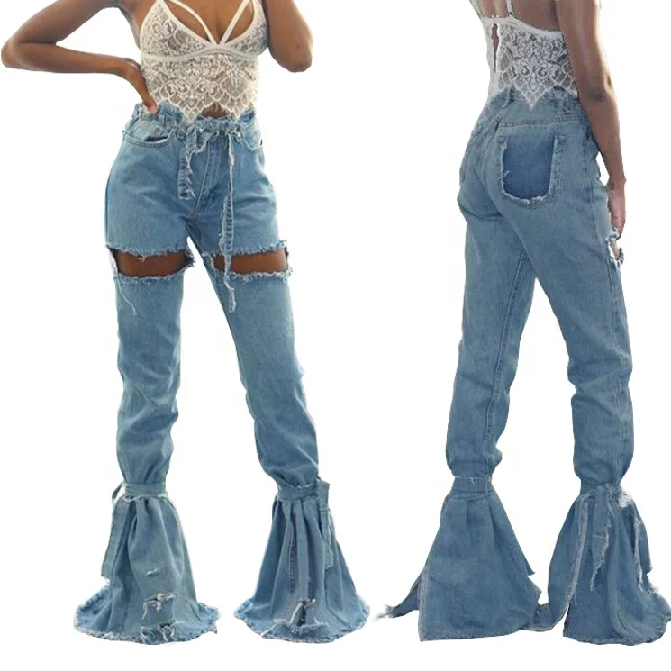 

B61990A European and American fashion frayed trouser stitching jeans washed bell bottoms women's jeans, Photo color