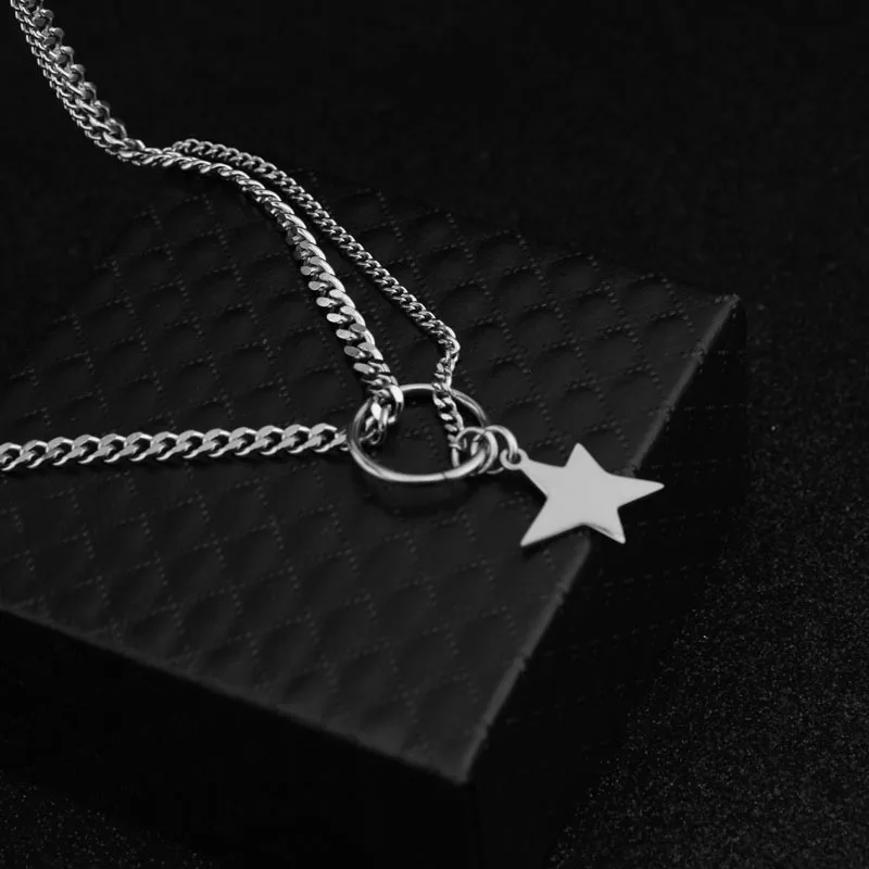 

Latest New Fashion Necklace Silver Plated Stainless Steel Five Point Star Asymmetric Stainless Steel Pendant Chain Necklace