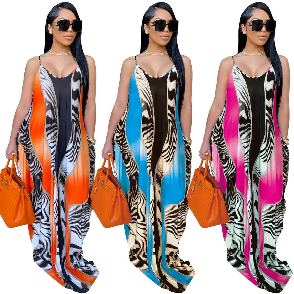 

20530-MX62 two pockets spaghetti strap print plus size dress women sehe fashion