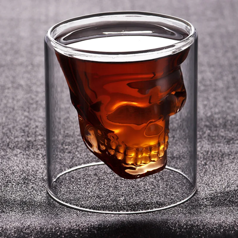 

Double Wall Crystal Head Shape Whisky Shot Glass Skulled Wine Whiskey Drinking Glass Cup For Halloween Gifts, Standard or customized