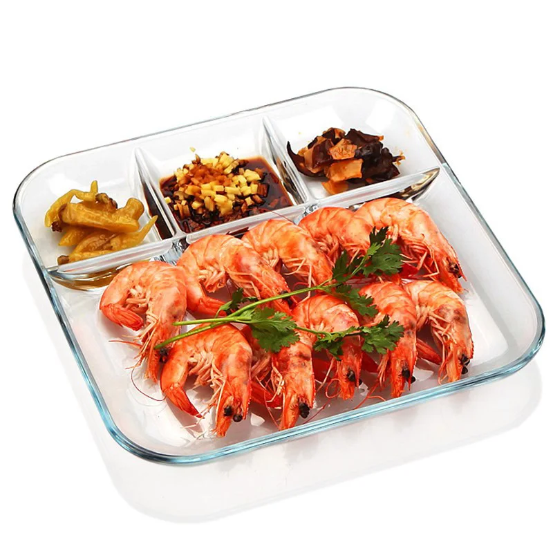 

Tempered glass divided plate with vinegar sauce Square dumpling plate separated western steak breakfast plate idea