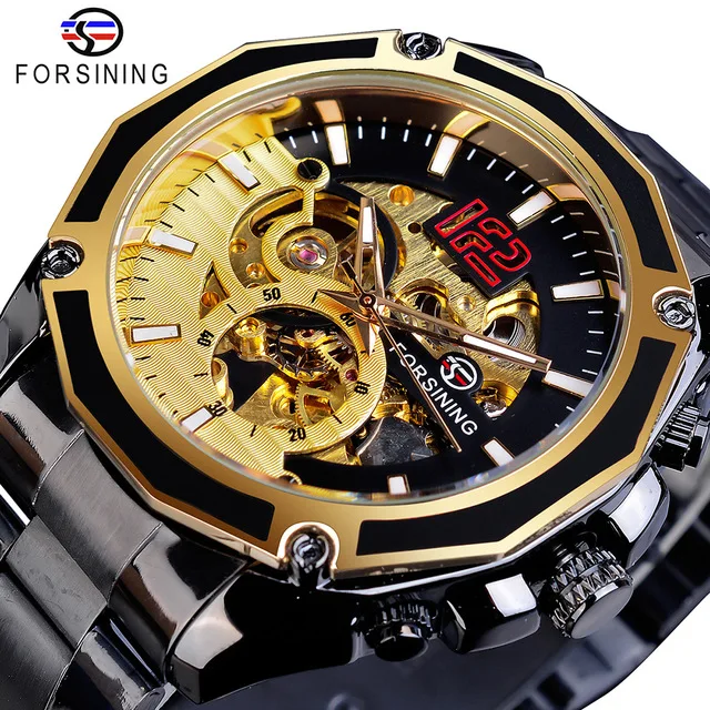 

Top Brand Luxury Forsining Golden Skeleton Military Black Stainless Steel Design Automatic Sport Hour Timepiece Mechanical Watch
