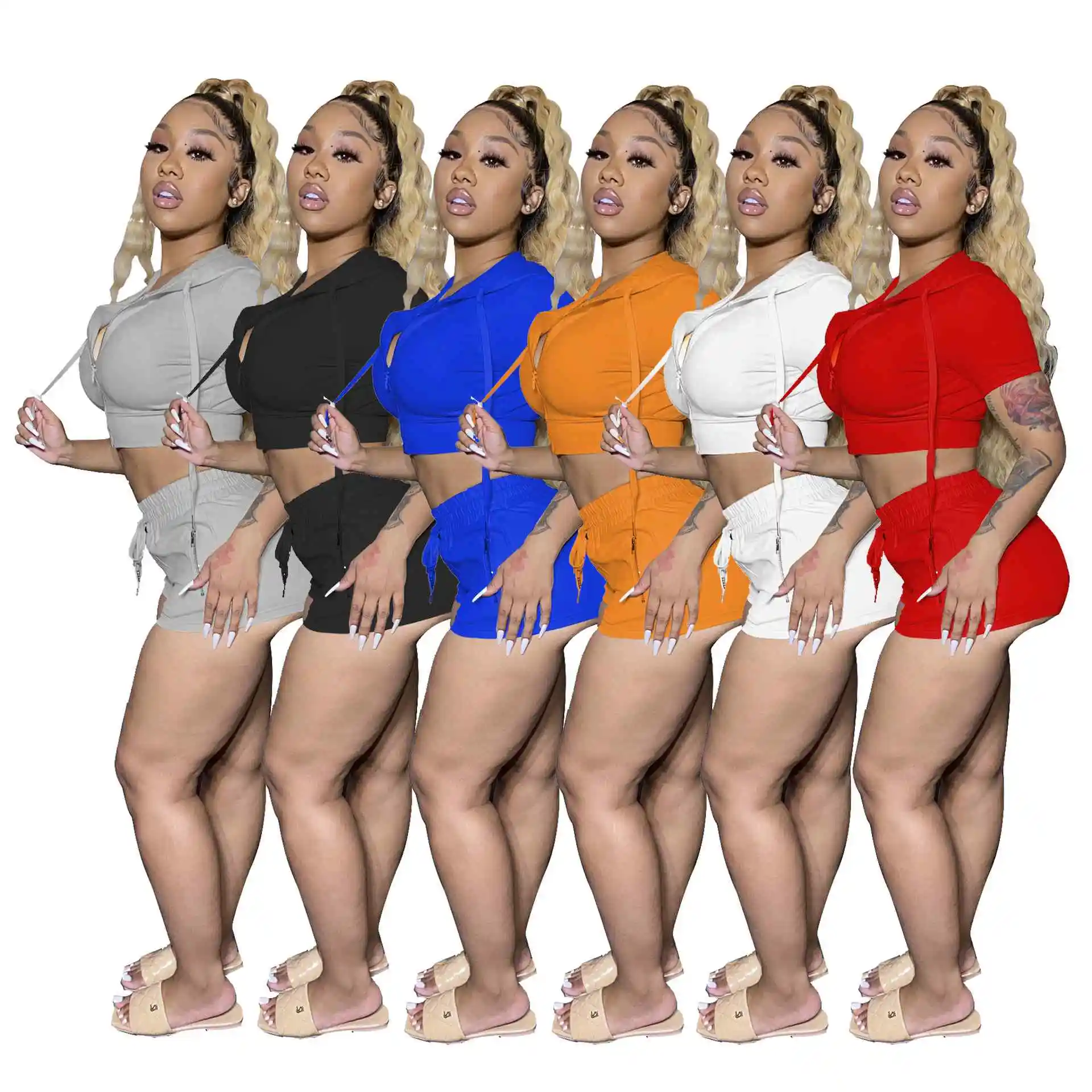 

crop top hoodie short set stylish summer 2 piece pink outfit women shorts tracksuit set