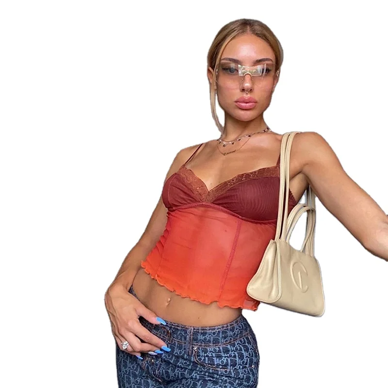 

sexy see through mesh top womens camisole deep-cut lace edge women cami crop top sexy women clothing