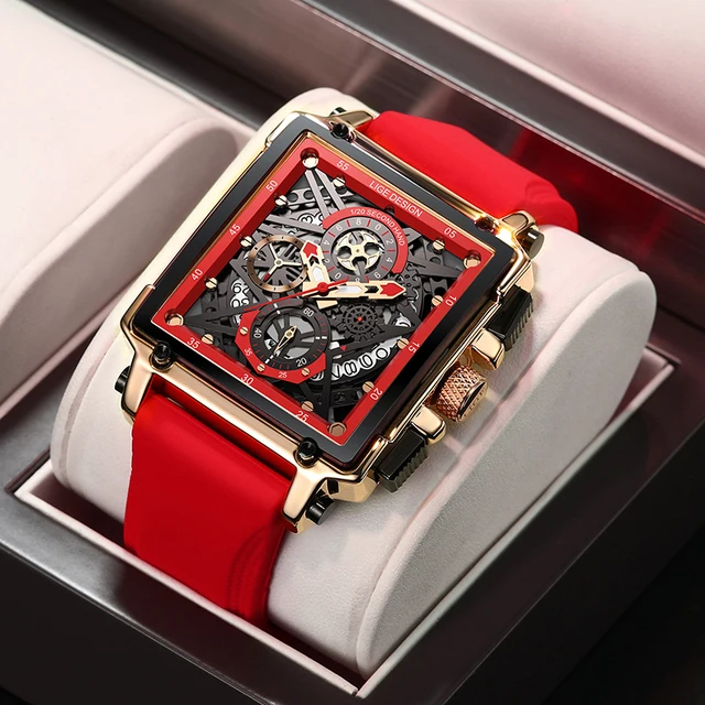 

New LIGE Men Watches 8935 Hollow Out Square Design Red Sport Luxury Waterproof Wristwatch with Silicone Strap