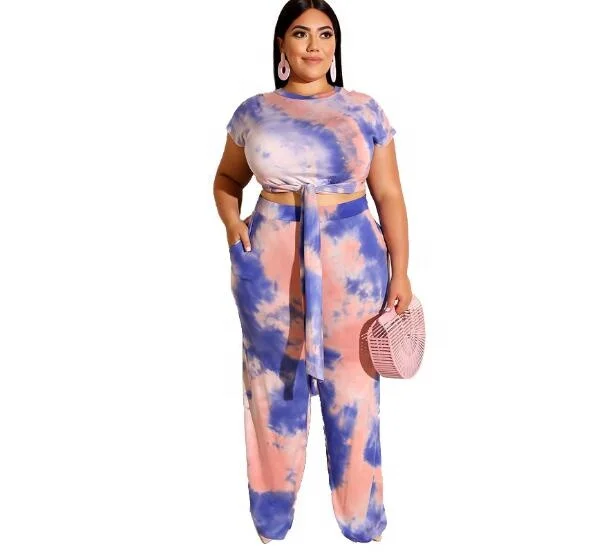 

Plus size Fat Women 2 pieces Set Tie Dye Printed Vest Long Loose Pant, Blue