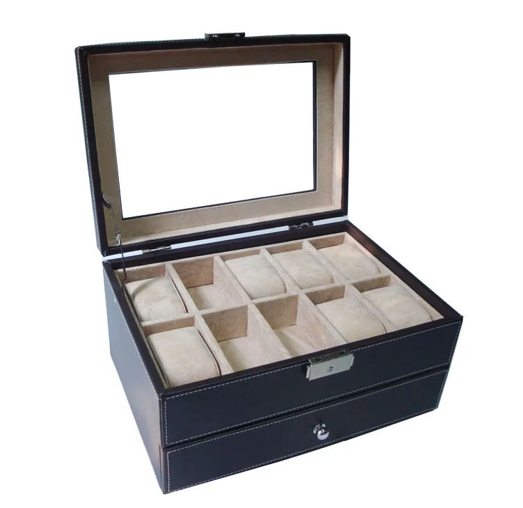 
Watch Box Organizer 10+10 Men Display Storage Case Jewelry Box Metal Hinge Black PU Leather Glass Top Large Holder 