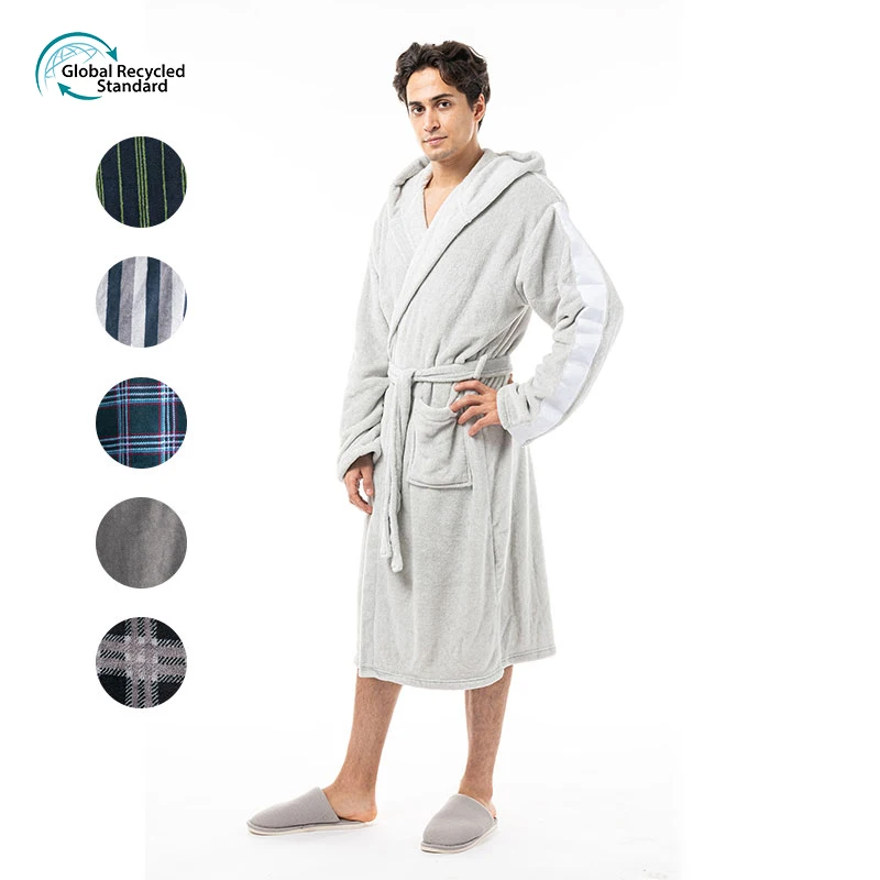 

Men Hooded Plain Dyed Plush Robe Full Knee Length Soft Warm Fleece White Hotel Bathrobe