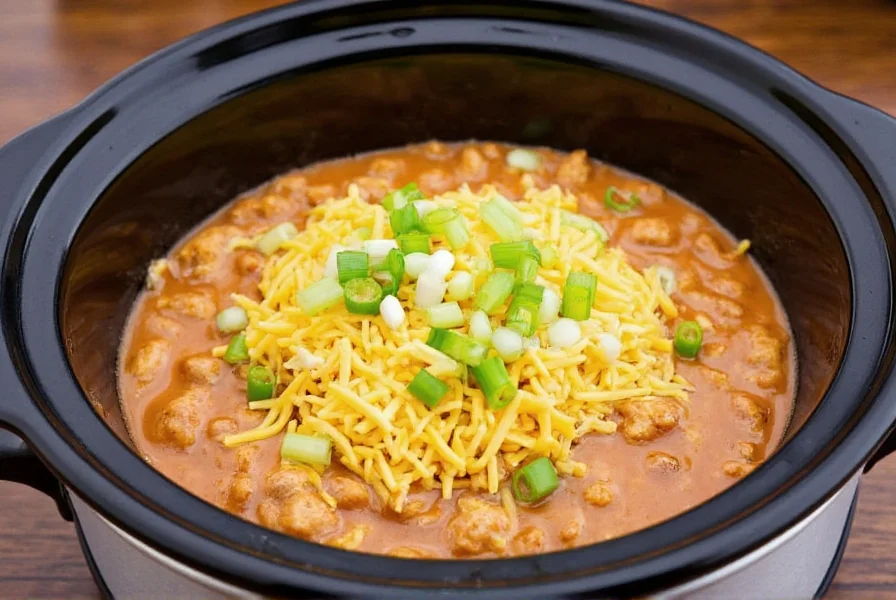 Slow cooker filled with creamy crack chicken chili topped with shredded cheese and green onions