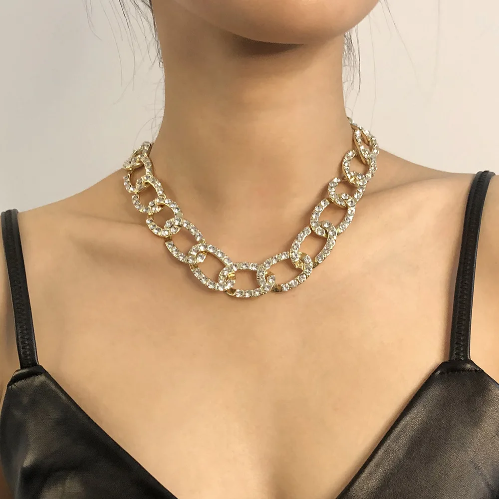 

Hip Hop Jewelry Making Set Earring Cuban Chain Choker Crystal Necklace+Earring Set Women